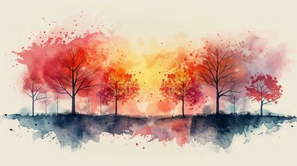 Stark abstract tree silhouettes, watercolor spring bloom background - obrazy, fototapety, plakaty