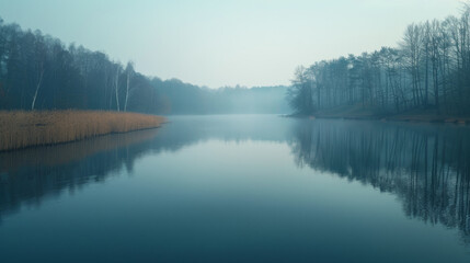 Serene lake with mist hovering above the water, flanked by trees and dry reeds under a dusky blue sky. The calm water reflects the tranquil scenery, conveying a peaceful morning atmosphere. - obrazy, fototapety, plakaty