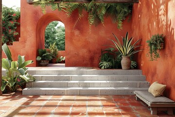 Fototapeta na wymiar Terracotta podium, Mediterranean courtyard, sunny day, relaxed lifestyle