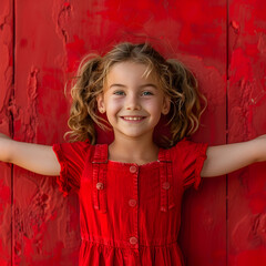 Joyful Young Girl Posing Against a Red Wall in Cottagecore Style