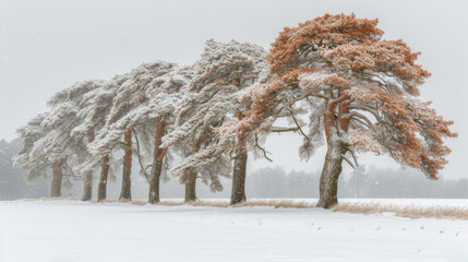a row of trees covered in snow next to a snow covered field with grass and trees in the foreground.