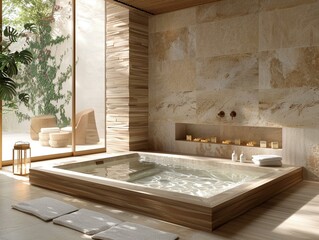Zen-inspired bathroom, natural stone and wood, tranquil spa vibes