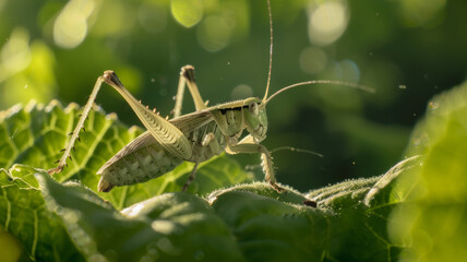 Fototapeta premium A solitary grasshopper perched on a leaf, bathed in morning light.