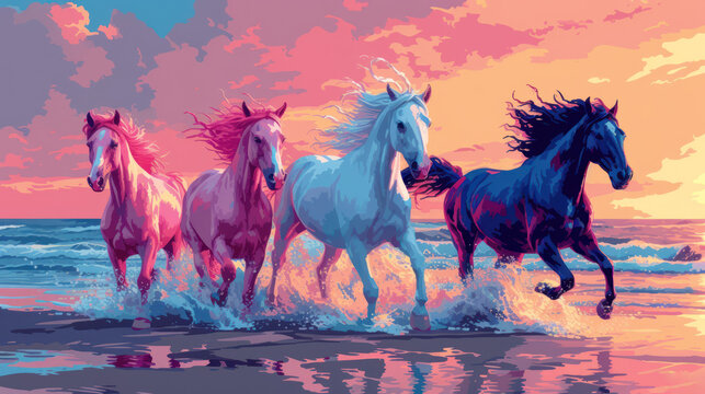 a painting of three horses running in the water at the beach with the sun setting in the sky behind them.