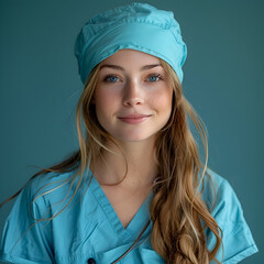 Portrait of a Young Female Nurse in Blue Scrubs