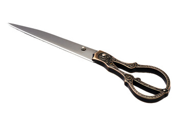 Large Pair of Scissors. A large pair of scissors, with shiny silver blades and black ergonomic handles is placed on a plain white background. The scissors appear sharp and ready for use cutting.