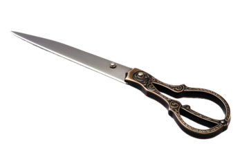 Large Pair of Scissors. A large pair of scissors, with shiny silver blades and black ergonomic handles is placed on a plain white background. The scissors appear sharp and ready for use cutting.