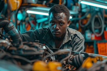 young african car mechanic checking car engine