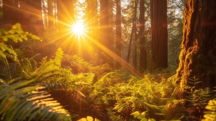 the sun shines brightly through the trees in a dense area of ferns and ferns in the foreground, while the sun shines brightly through the trees in the background.