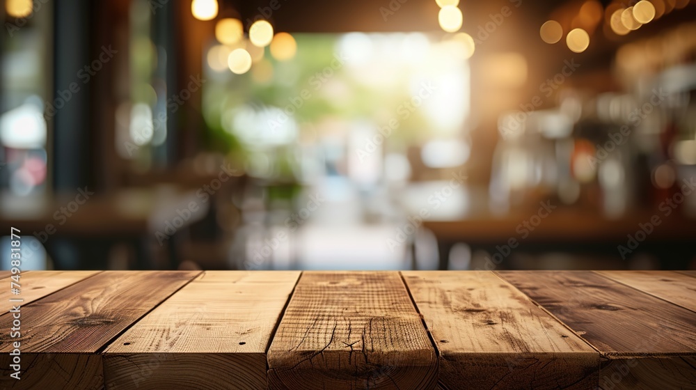 Poster wooden table in empty restaurant with bokeh light and rustic design