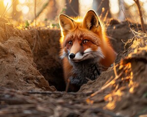 Naklejka premium Portrait of a fox looking out of its hole.