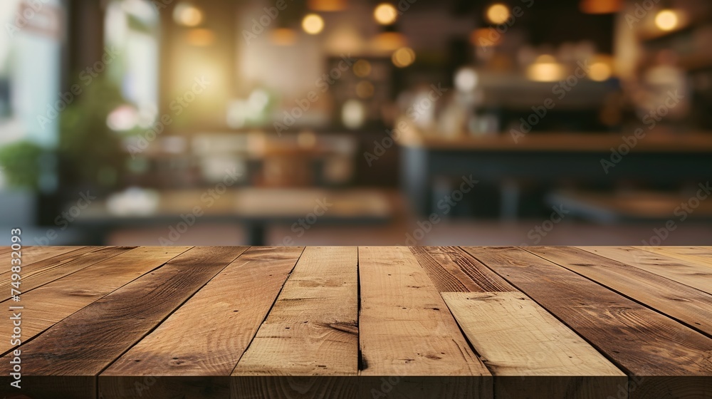 Poster wooden table in empty restaurant with bokeh light and rustic design