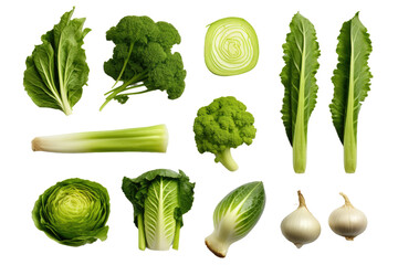 Assorted Vegetables. A group of different types of fresh and colorful vegetables arranged neatly on a plain white background. Included are tomatoes carrots bell peppers broccoli and more. - obrazy, fototapety, plakaty