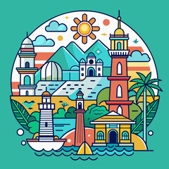 Obraz na płótnie Canvas T-shirt sticker of Incorporate intricate line art depicting iconic landmarks of coastal destinations