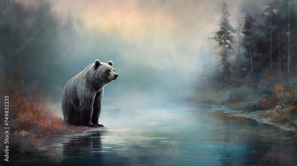 Canvas Prints bear standing next to a river in the fog