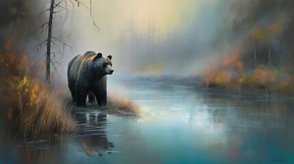 Bear standing next to a river in the fog - obrazy, fototapety, plakaty