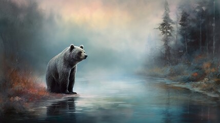 Bear standing next to a river in the fog