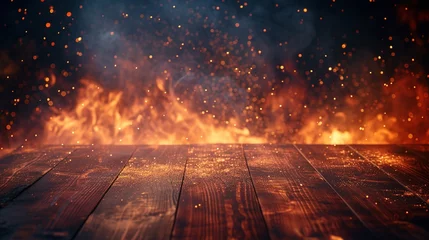 Tuinposter Burning fire on a wooden table on black background. © Wp Background