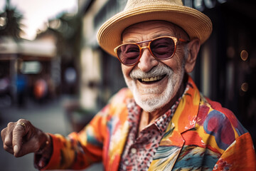 Cheerful retired grandfather in bright clothes. Elderly man with a face smile. Happy pensioner. An elderly man with a cheerful smile. Grandfather in sunglasses and fashionable clothes on vacation. - obrazy, fototapety, plakaty