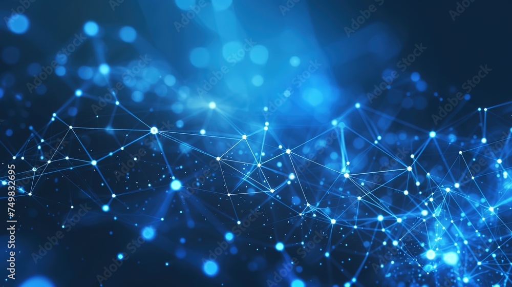 Poster abstract linked dots are set against a vivid blue backdrop.