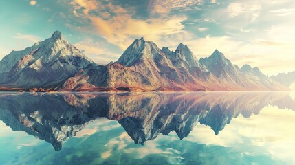 mountain ranges reflected in the river in a panoramic view.