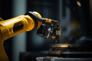 Precise robotic manipulator machine welding hand at factory's assembly line manufacturing process. Innovative advanced technologies robot arm helping people increase production factory effectiveness