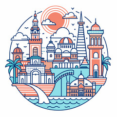 T-shirt sticker of Incorporate intricate line art depicting iconic landmarks of coastal destinations