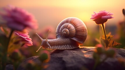 Close-up of a snail on a stone in a flower field at Sunset. Nature, Landscape, Golden Hour, Summer,...