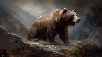Majestic Brown Bear on Mountain Top in Rain