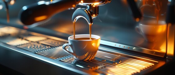 Espresso pouring into cup, coffee machine, warm light. - obrazy, fototapety, plakaty