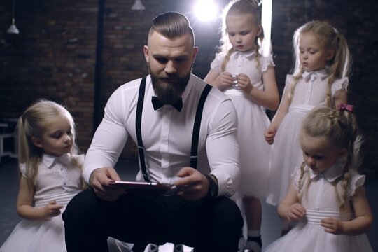 Portrait positive Caucasian male man teacher professor father elegant suit teaching explaining group pupils girls costumes daughters learning. Kindergarten school performance theater interior indoors