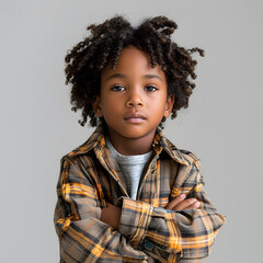 Stylish Black Boy Portrait in Plaid Shirt and Afrofuturism Style