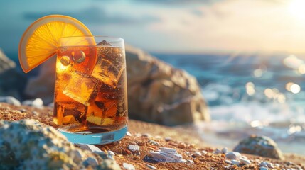 Iced tea on beach, refreshment, golden sunlight
