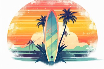 A surf retro inspired summer design on a tree palm island - obrazy, fototapety, plakaty