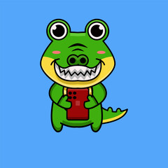 vector design illustration of a crocodile holding a cell phone