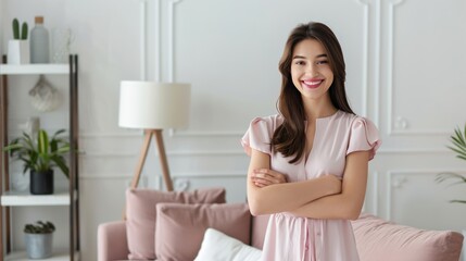 Obraz na płótnie Canvas Smiling woman in a pink dress, arms crossed, bright living room, elegant, homey, comfortable, cheerful