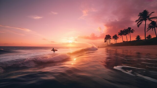 A surfer riding a wave during a vibrant sunrise