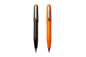 Fototapeta premium Modern ballpoint pens, black and orange plastic writing instruments, office stationery tools for notes and signatures isolated on Transparent Background