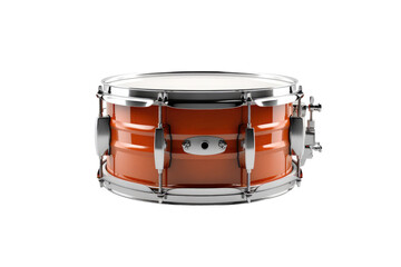 Orange Drum With Chrome Hardware. This is an orange drum with chrome hardware placed on a white background. The drum stands out with its color and shiny metallic hardware creating a striking contrast.