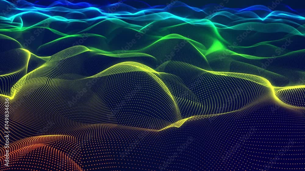 Poster waves run on surface. neon glow. glowing particles form surface. looping animation, motion design wi