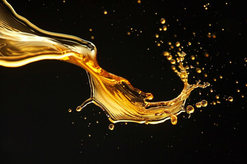 A dynamic flow of a golden, viscous liquid is captured mid-splash, creating a sense of movement against a contrasting dark backdrop