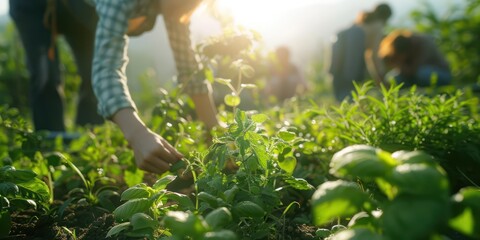Farmers select and harvest organic herbs and plants by hand.