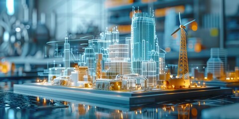 Smart Engineers using laptop computers design models of turbines, solar panels, clean energy networks