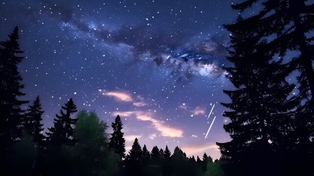 Abstract time lapse night sky with shooting stars over forest landscape. Milky way glowing lights background, Generative Ai