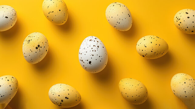 a group of speckled eggs sitting on top of a yellow surface with the words yellow above them.