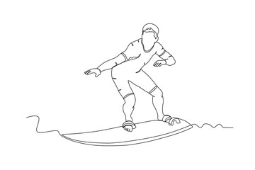 Single continuous line drawing of Surfing man .sport concept one line draw graphic design vector illustration
