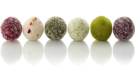 a row of different colored candies sitting next to each other on a white surface in front of a white background.