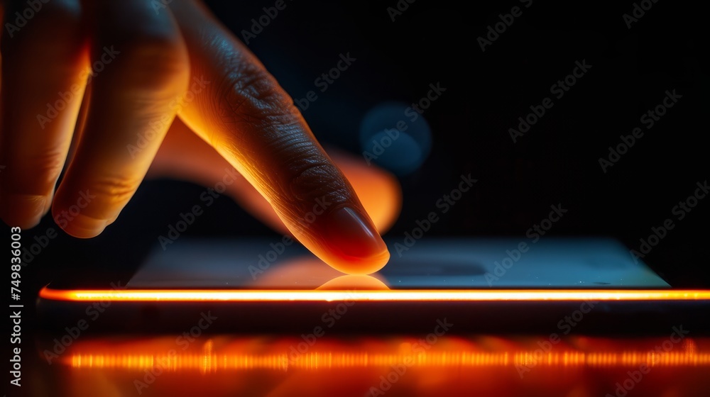 Poster touchscreen interface interaction with orange glow. female hands using smart phone in the dark at ni