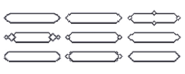 Pixel frames, text message dialog bubbles. User interface play buttons in retro style.