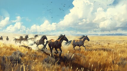 Herd of Wild Horses on Grass Plains - obrazy, fototapety, plakaty